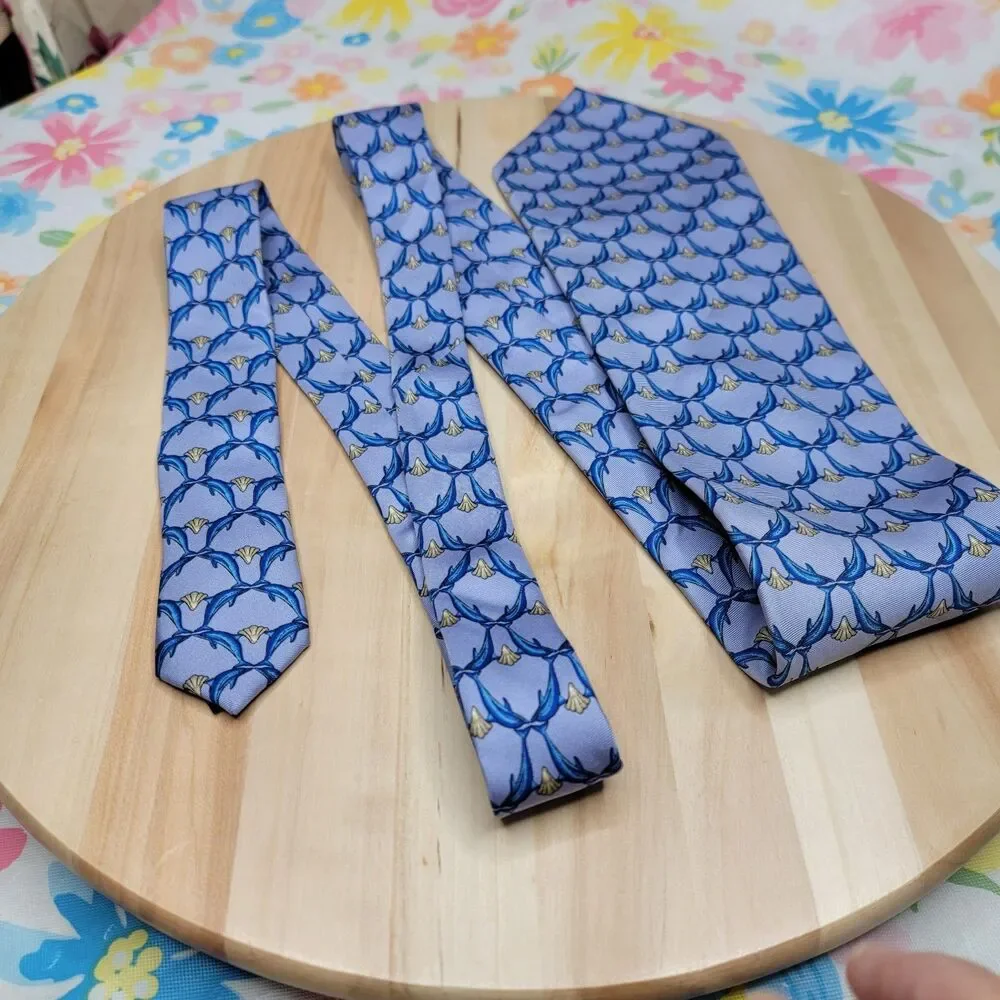 Lanvin Paris Dolphin Print Silk Tie Blue Sea Life Ocean Marine Novelty Necktie